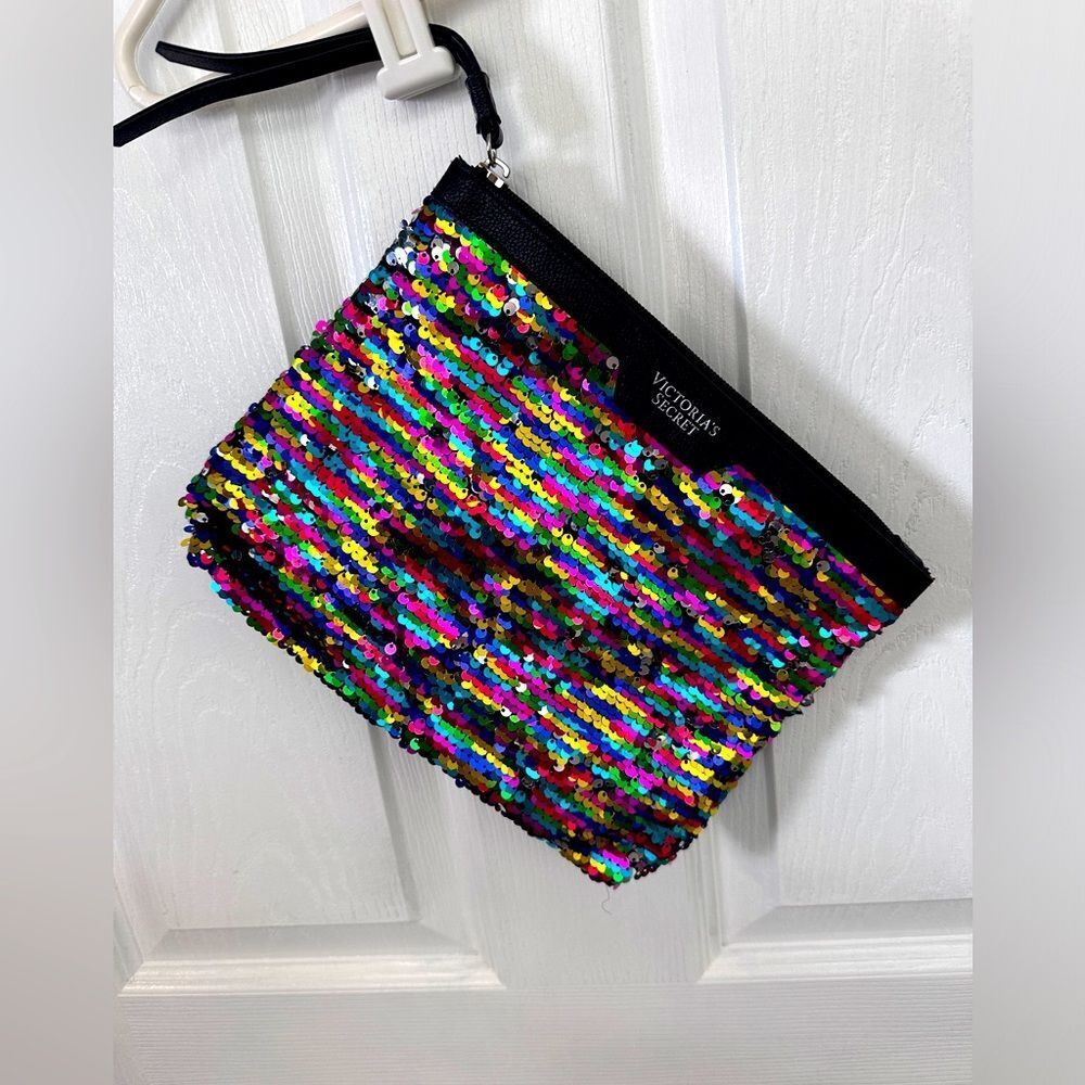 Victoria's Secret Clutch Cosmetic Bag Makeup Pouch Sequin Multicolor Black